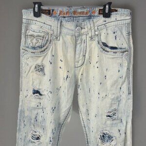 Rock Revival Men's Jeans Jerry Straight 32 Blue "R" Pockets Distressed 32 x 32